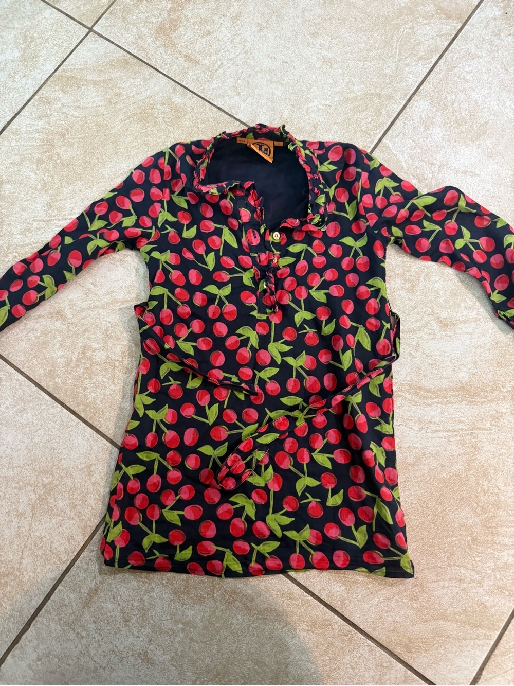 Tory Burch Girls Cherry Print Black Long Sleeve Dress Sz S